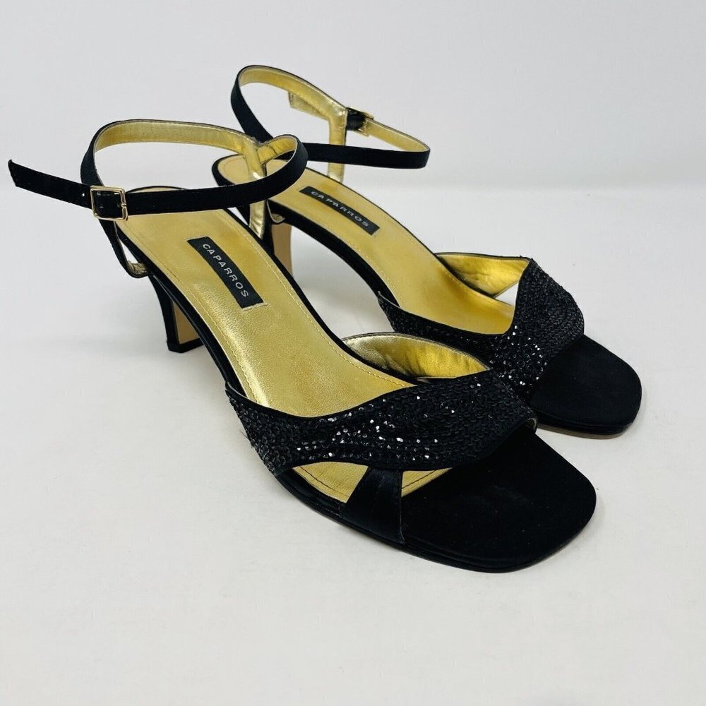 Caparros Womens Size 7.5B Frances Sequin Open Toe Dress Sandals Heels Black Silk